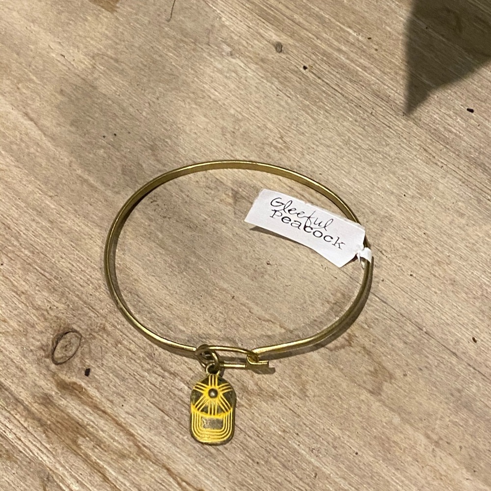 Gleeful Peacock Gold Bangle Bracelet with Hand Painted Baseball Hat Charm NEW